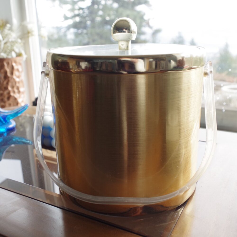 Vintage Brushed Gold Exterior Clear Lid With Gold Ball Topped With Lucite Bail H